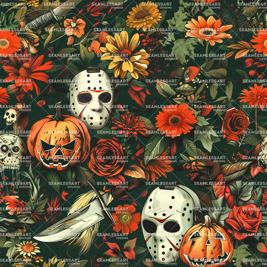 Halloween Horror Seamless Pattern – Jason Mask & Pumpkin Digital Paper for Gothic Decor