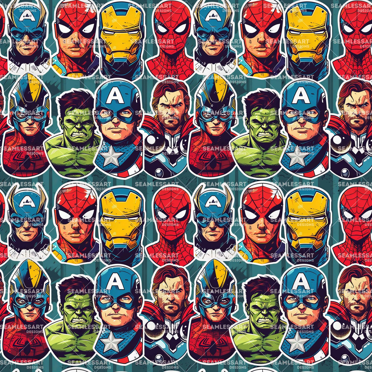 Avengers Superhero Seamless Pattern – Marvel Comic Sticker Digital Paper for Kids Fabric & Decor