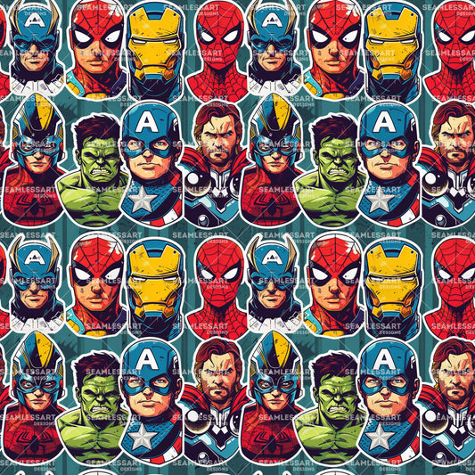 Avengers Superhero Seamless Pattern – Marvel Comic Sticker Digital Paper for Kids Fabric & Decor