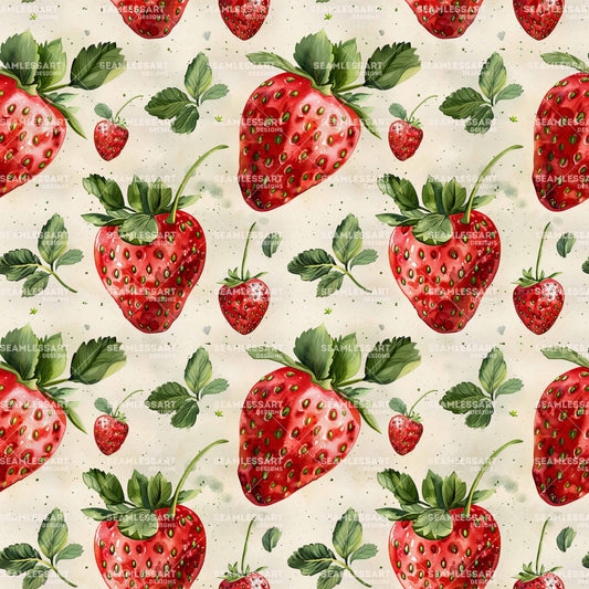 Watercolor Strawberry Seamless Pattern – Red Fruit & Leaf Digital Paper for Kitchen Decor