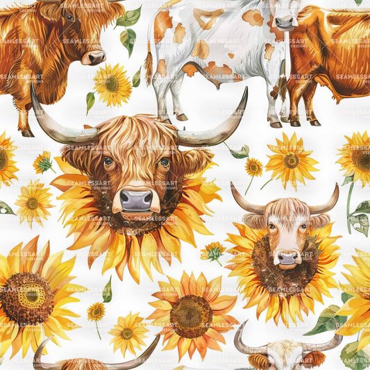 Watercolor Cow Seamless Pattern – Highland Cow & Sunflowers Digital Paper for Farmhouse Decor