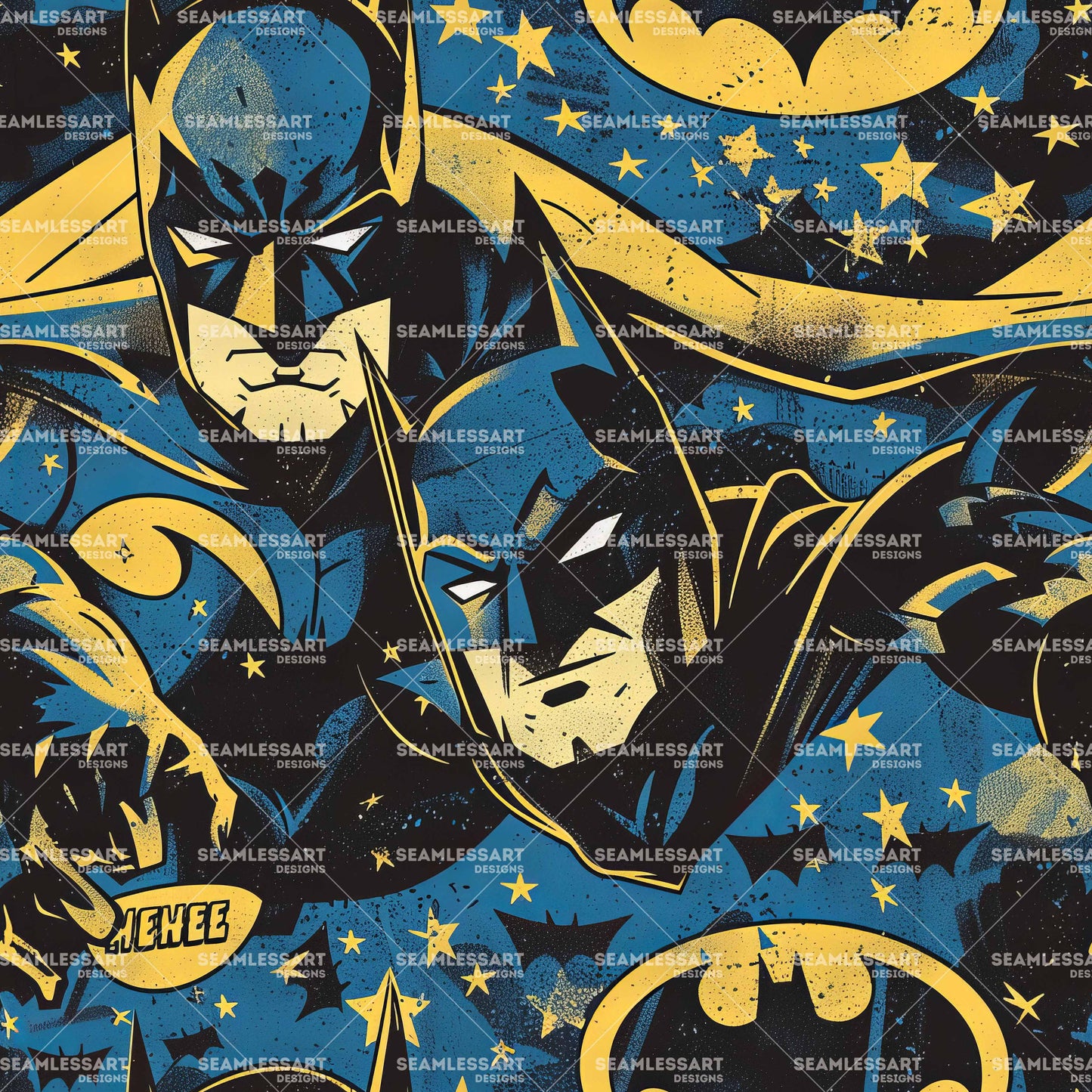 Batman Graffiti Seamless Pattern – Comic Hero & Yellow Star Digital Paper for Kids Fabric