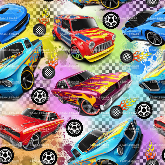 Colorful Retro Muscle Cars Seamless Pattern – Vintage Racing Car Digital Paper for Fabric, Wrap, Wallpaper & Print Design