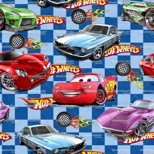Lightning McQueen & Hot Wheels Cars Seamless Pattern – Racing Car Digital Paper for Fabric, Wallpaper & Print Design