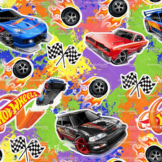 Hot Wheels Racing Cars Seamless Pattern – Colorful Race Car Digital Paper for Fabric, Wallpaper, Wrapping & Print Design