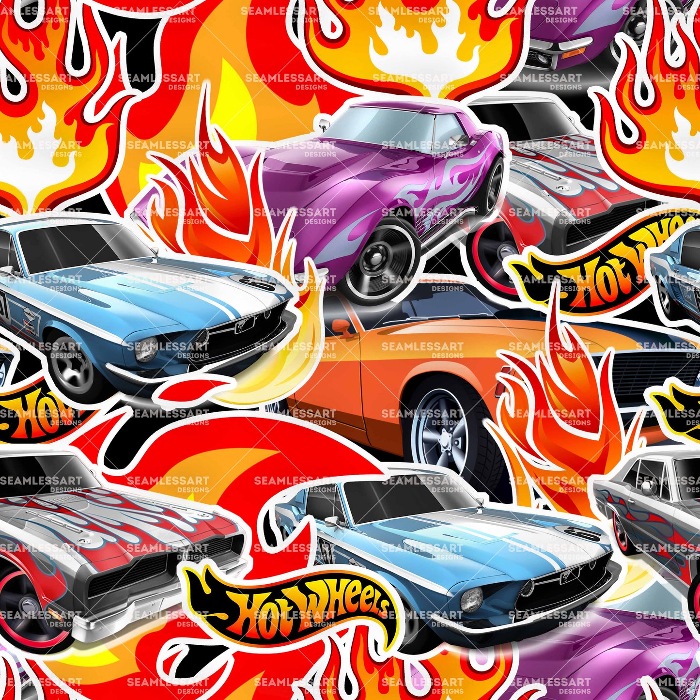 Hot Wheels Muscle Cars Seamless Pattern – Flaming Retro Racing Cars Digital Paper for Apparel, Crafts & Textile Printing