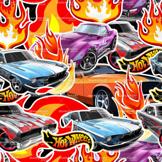 Hot Wheels Muscle Cars Seamless Pattern – Flaming Retro Racing Cars Digital Paper for Apparel, Crafts & Textile Printing