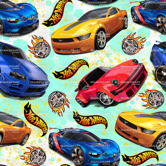 Hot Wheels Supercars Seamless Pattern – Colorful Racing Cars Digital Paper for Sublimation, Merch & Craft Projects
