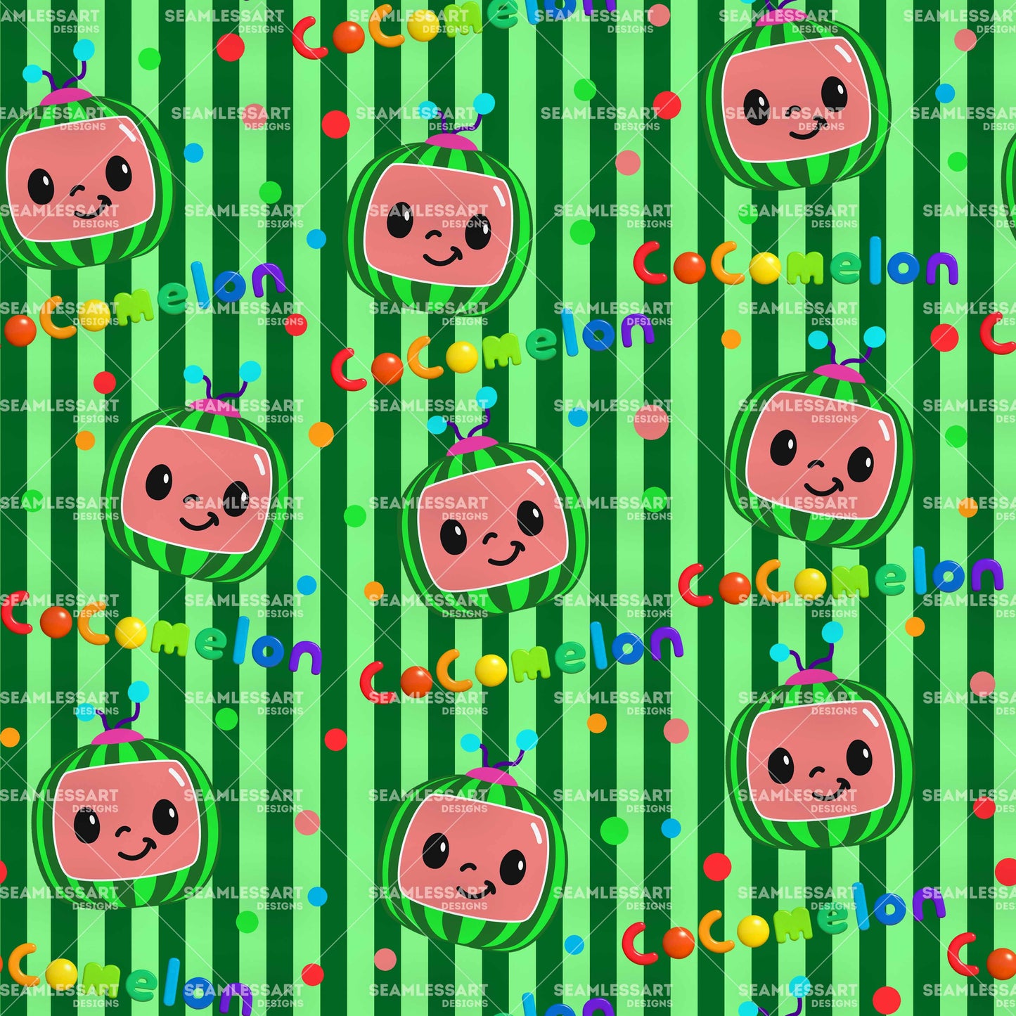 CoComelon Logo Seamless Pattern – Kids Cartoon Watermelon TV Digital Paper for Baby Products, Party Decor & Craft Printing