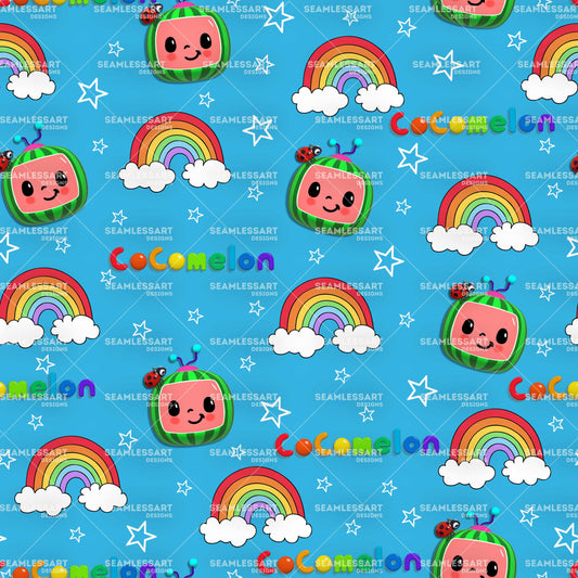 CoComelon Rainbow Seamless Pattern – Kids Cartoon Sky Theme Digital Paper for Bedding, Nursery Decor & Creative DIY Projects