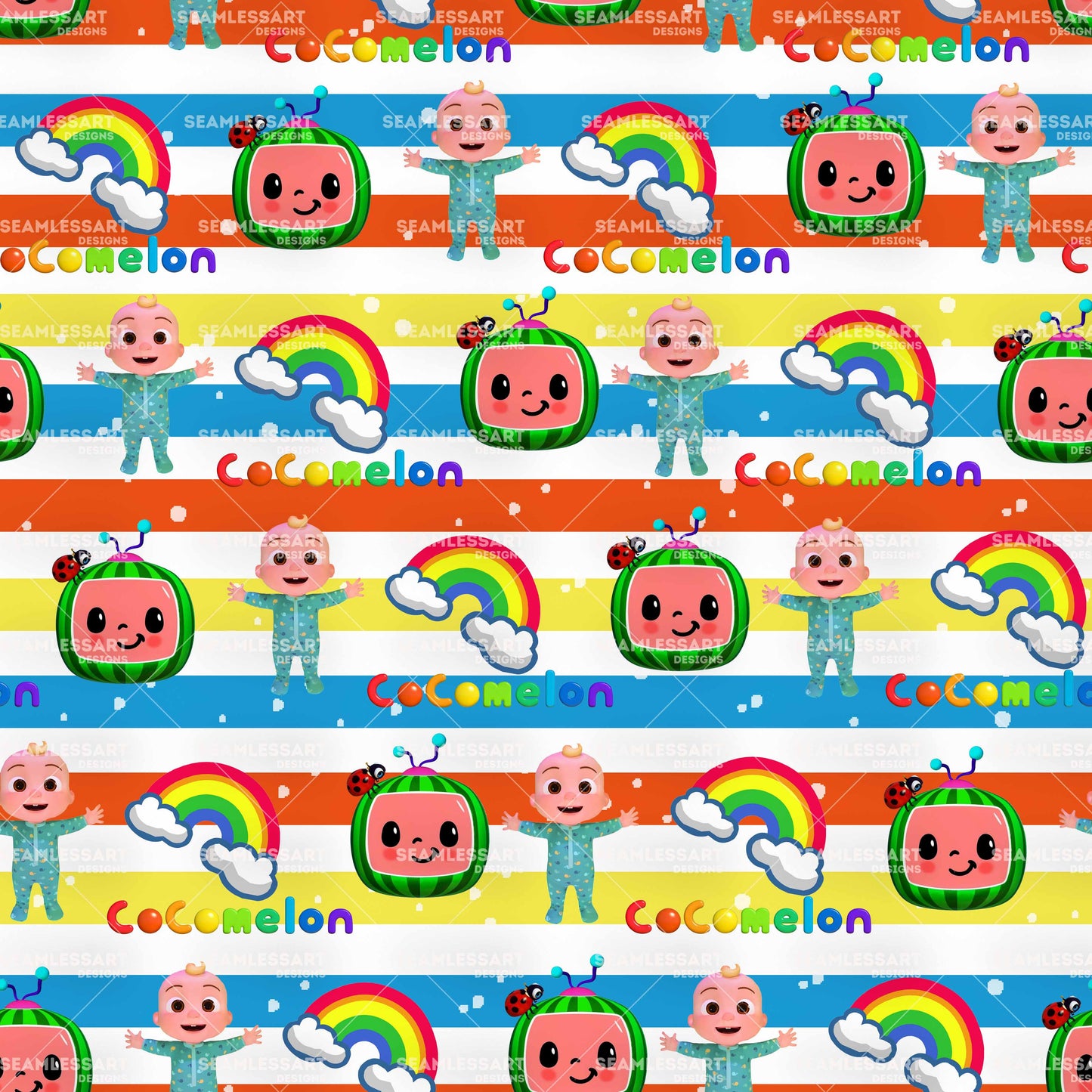 CoComelon JJ Rainbow Seamless Pattern – Baby Cartoon Digital Paper for Kids Clothing, Nursery Items & Party Craft Designs