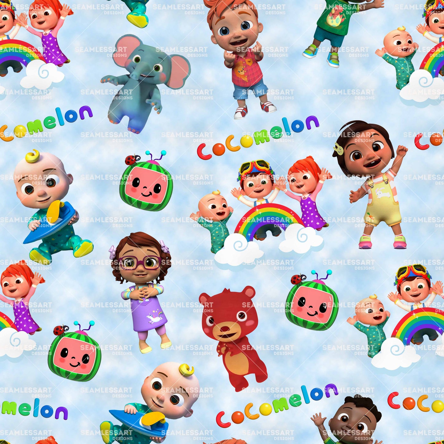 CoComelon Friends Seamless Pattern – Cute Kids Cartoon Digital Paper for Toddler Apparel, Bedding & Custom Craft Printing