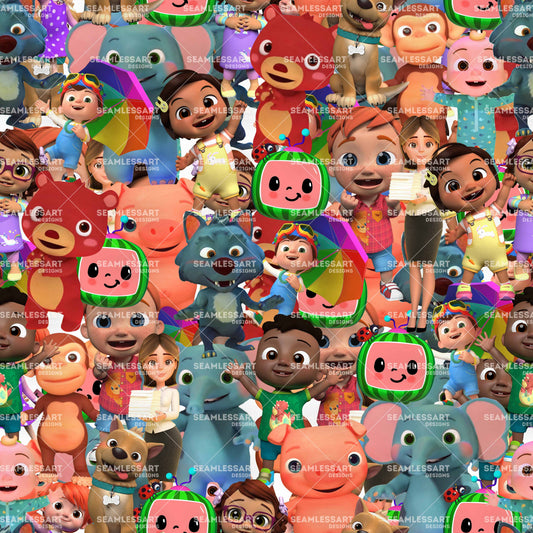 CoComelon Characters Collage Seamless Pattern – Kids Cartoon Digital Paper for Playroom Decor, Apparel Prints & Creative Merchandise Designs