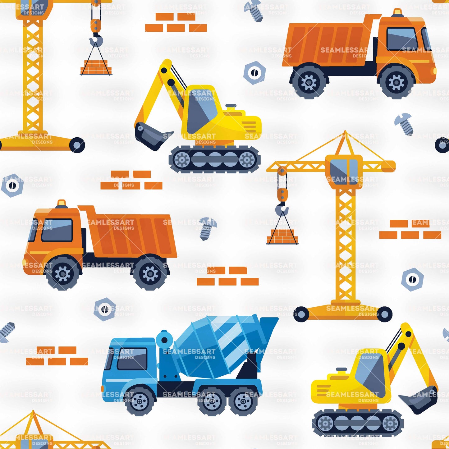 Construction Vehicles Seamless Pattern – Kids Builder Trucks, Crane & Excavator Digital Paper for Fabric, Wallpaper & Print Design