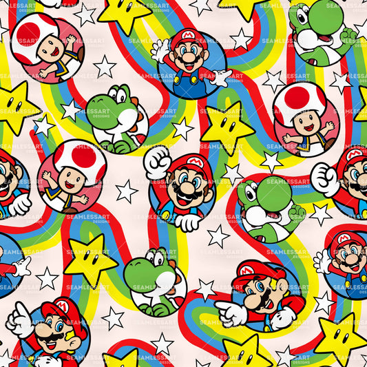 Super Mario & Friends Seamless Pattern – Mario, Yoshi & Toad Cartoon Digital Paper for Kids Clothing, Room Decor & Craft Printing