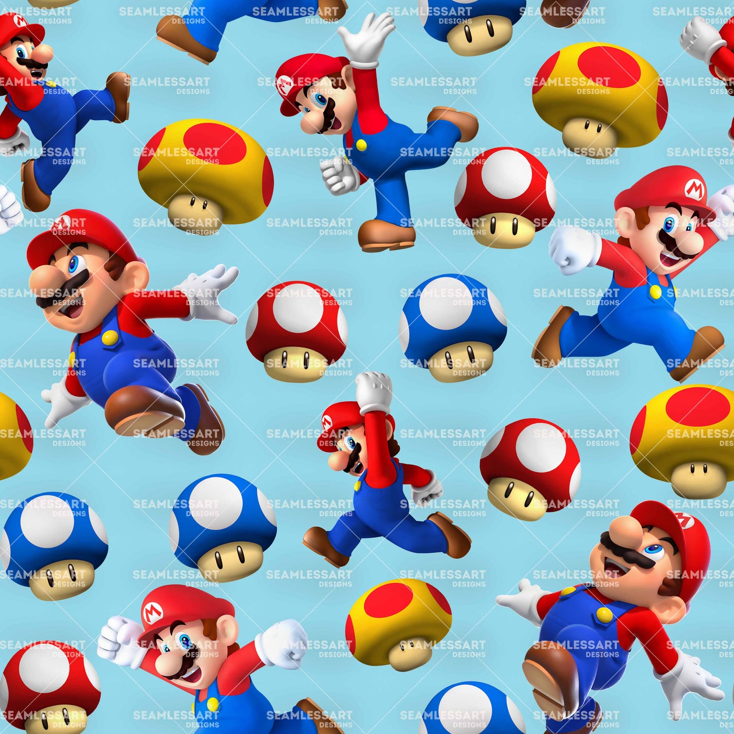 Super Mario Mushroom Seamless Pattern – Classic Nintendo Game Digital Paper for Kids Room Decor, Apparel & DIY Print Projects