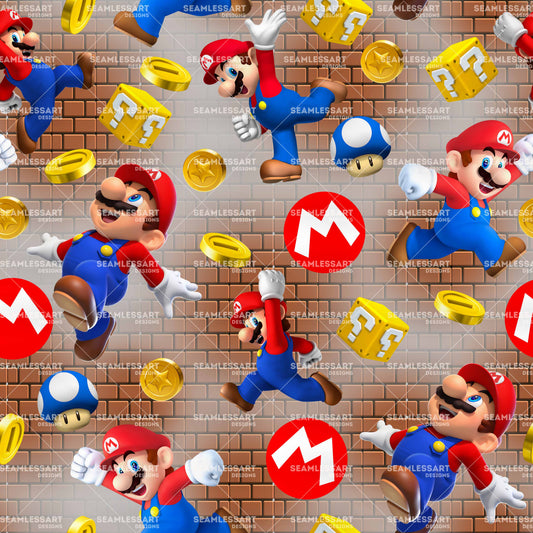 Super Mario Classic Adventure Seamless Pattern – Mario Game Theme Digital Paper for Kids Accessories, Party Supplies & Craft Printing