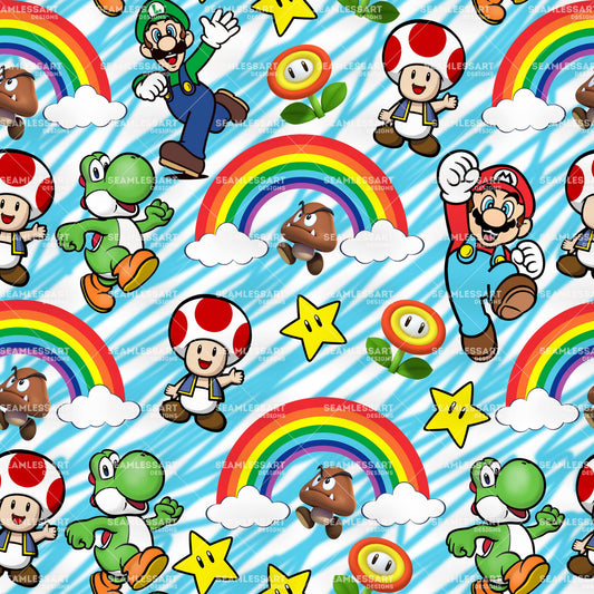 Mario & Yoshi Rainbow Seamless Pattern – Retro Game Digital Paper for Kids Fabric, Party Decorations & DIY Craft Prints