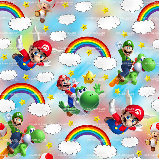 Mario & Yoshi Flying Adventure Seamless Pattern – Rainbow Game Digital Paper for Kids Fabric, Party Decor & Craft Printing