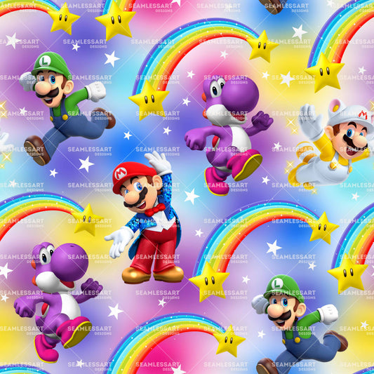 Mario & Yoshi Rainbow Stars Seamless Pattern – Colorful Gaming Digital Paper for Kids Fabric, Party Decor & DIY Craft Prints