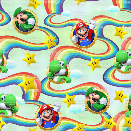 Super Mario & Yoshi Rainbow Coin Seamless Pattern – Colorful Game Digital Paper for Kids Fabric, Party Decor & DIY Craft Prints