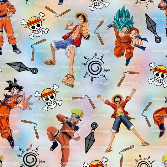 Anime Heroes Crossover Seamless Pattern – Action Manga Digital Paper for Fabric, Apparel, Posters & DIY Print Projects
