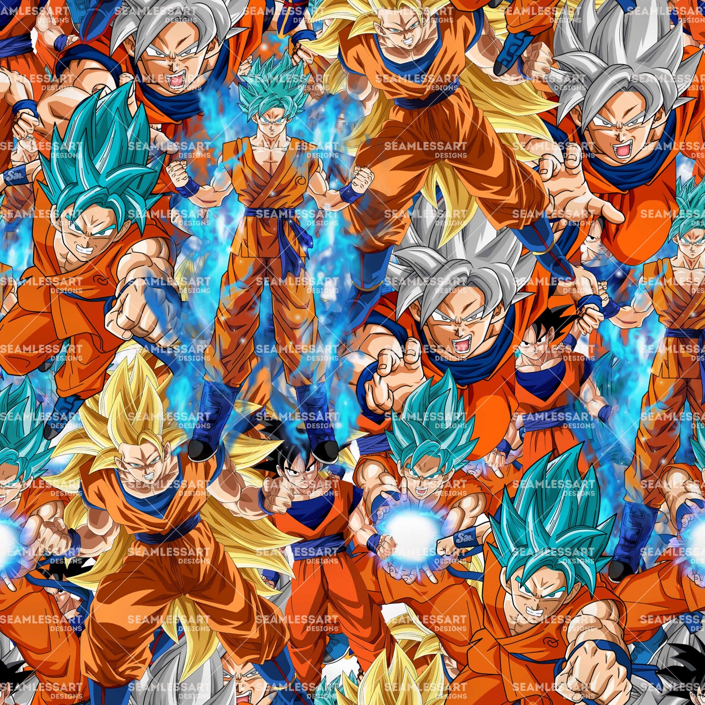 Super Saiyan Battle Anime Seamless Pattern – Action Manga Digital Paper for Fabric, Apparel, Gaming Rooms & Print Projects