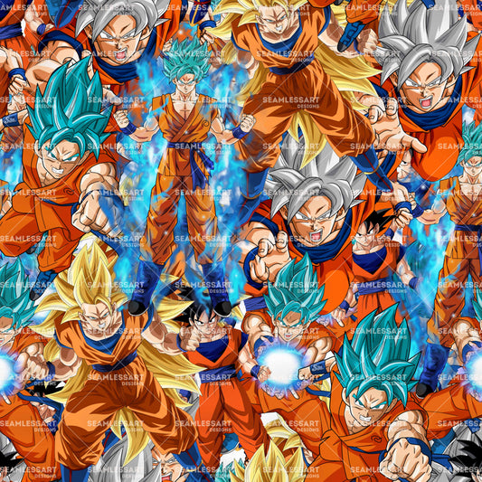 Super Saiyan Battle Anime Seamless Pattern – Action Manga Digital Paper for Fabric, Apparel, Gaming Rooms & Print Projects