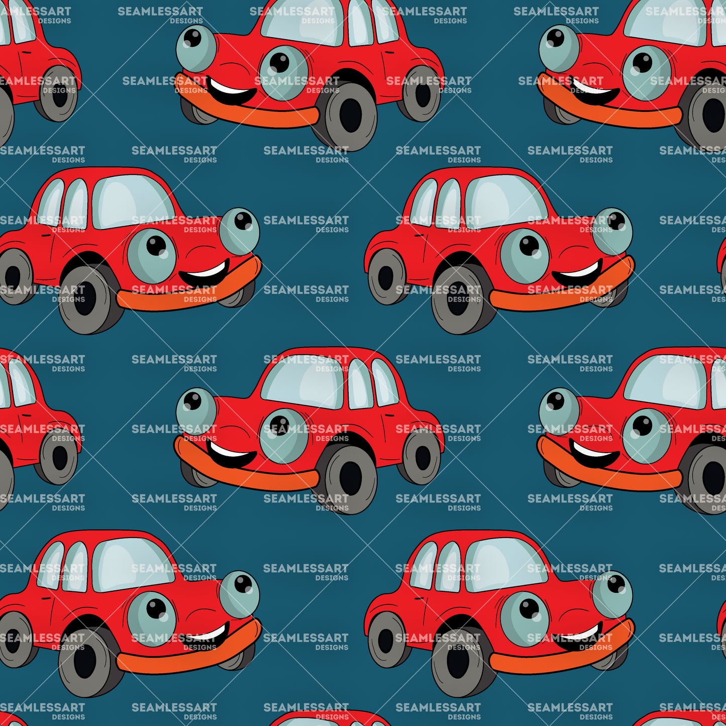 Cute Red Cartoon Car Seamless Pattern – Playful Smiling Vehicle Digital Paper for Kids Fabric, Nursery Decor, Gift Wrap & Scrapbooking Designs