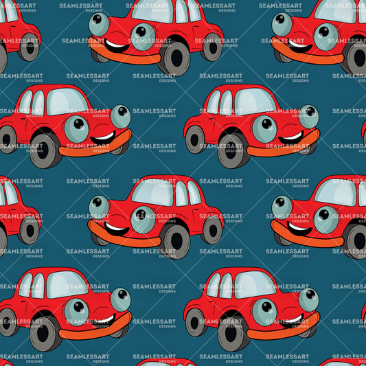 Cute Red Cartoon Car Seamless Pattern – Playful Smiling Vehicle Digital Paper for Kids Fabric, Nursery Decor, Gift Wrap & Scrapbooking Designs
