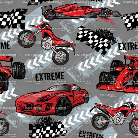 Extreme Racing Vehicles Seamless Pattern – Red Sports Cars, Formula Race Cars & Dirt Bikes Digital Paper for Boys Fabric, Wallpaper, Gift Wrap & Automotive-Themed Projects