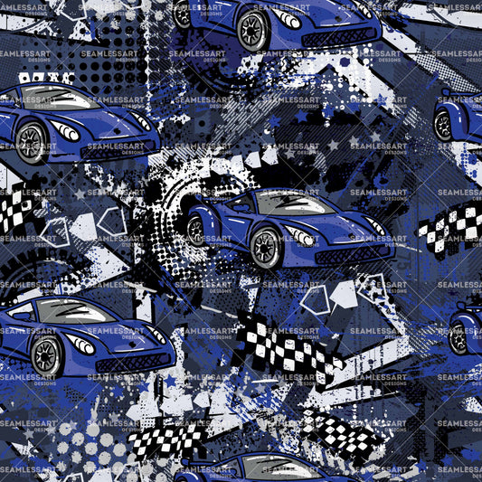 Blue Sports Car Grunge Seamless Pattern – Racing Checkered Flag & Urban Splash Digital Paper for Boys Fabric, Wallpaper, Gift Wrap & Automotive-Themed Designs