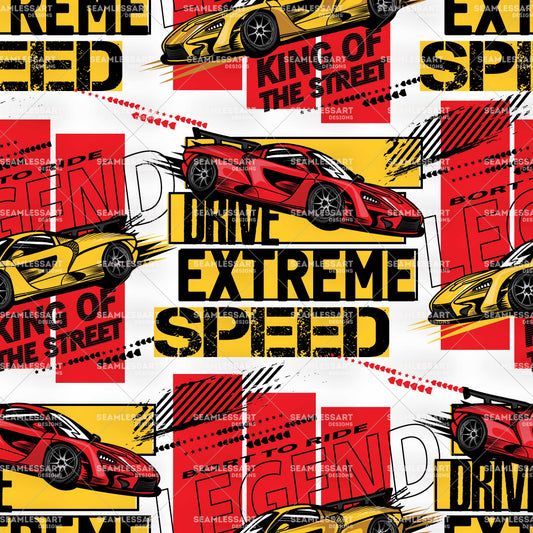 Extreme Speed Seamless Pattern – Red & Yellow Supercars with Racing Slogans, Urban Grunge Blocks & Checkered Accents | Digital Paper for Boys Fabric, Wallpaper & Automotive Designs