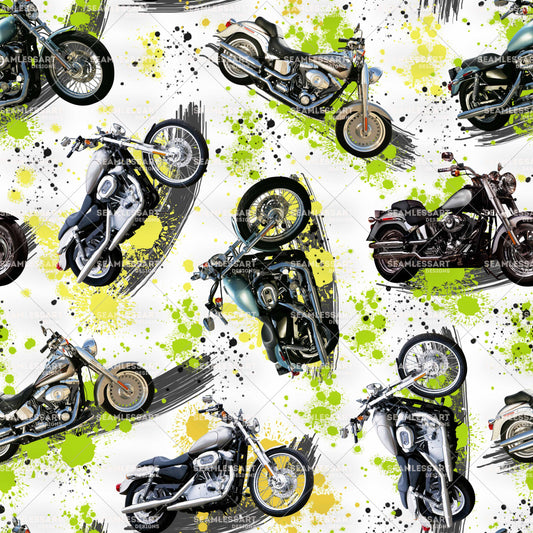 Realistic Motorcycle Seamless Pattern – Neon Grunge Digital Paper for Biker Fabric & Apparel