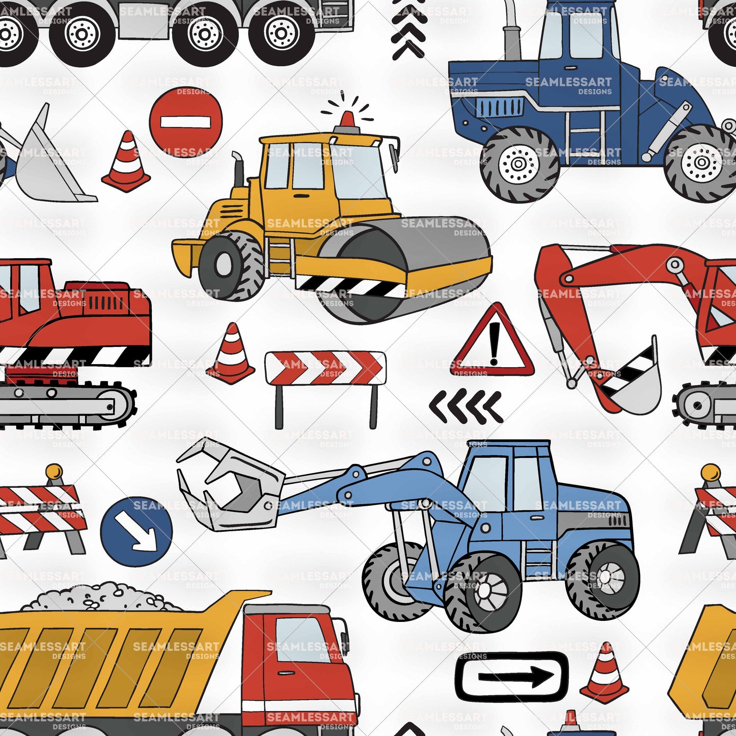 Construction Vehicles Seamless Pattern – Excavator, Bulldozer, Tractor & Road Signs | Cute Heavy Machinery Digital Paper for Kids Fabric, Wallpaper & Nursery Decor