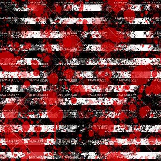 Grunge Blood Splatter Seamless Pattern – Red Paint Drips on Black & White Stripes | Edgy Gothic Halloween Digital Paper for Fabric, Wallpaper & Dark Aesthetic Designs