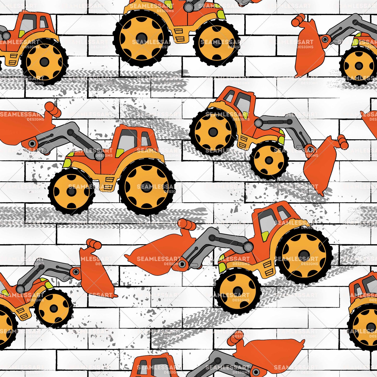 Orange Tractor Seamless Pattern – Construction Digital Paper for Boys Fabric & Nursery Decor