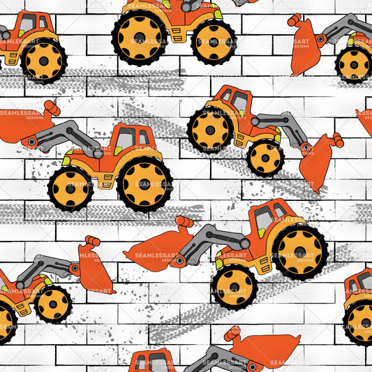 Orange Tractor Seamless Pattern – Construction Digital Paper for Boys Fabric & Nursery Decor