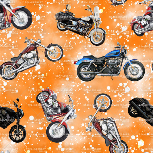 Realistic Motorcycle Seamless Pattern – Orange Splatter Digital Paper for Biker Fabric