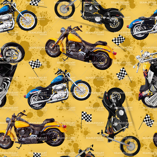 Realistic Motorcycle Seamless Pattern – Yellow Racing Digital Paper for Biker Fabric