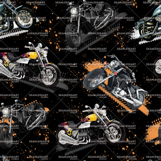 Realistic Motorcycle Seamless Pattern – Black Grunge Splatter Digital Paper for Biker Fabric
