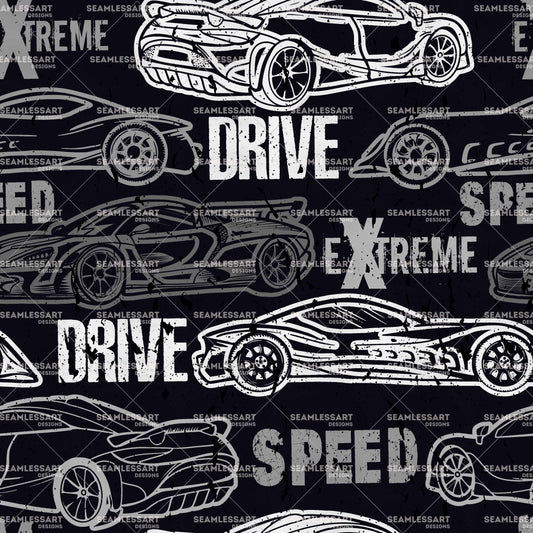 Sports Car Seamless Pattern – Black Grunge Sketch Digital Paper for Boys Fabric