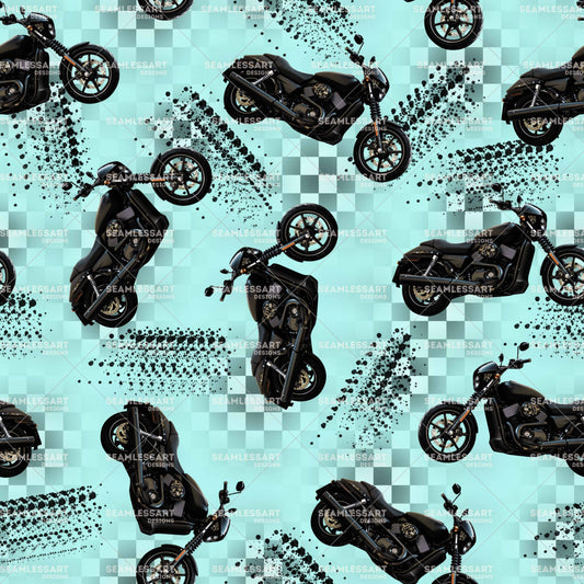 Realistic Motorcycle Seamless Pattern – Teal Checkered Digital Paper for Biker Fabric