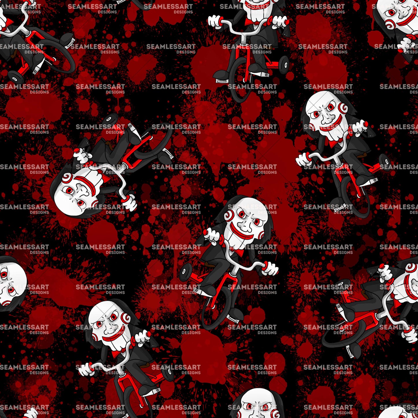 Horror Puppet Tricycle Seamless Pattern – Bloody Splatter Digital Paper for Halloween Fabric