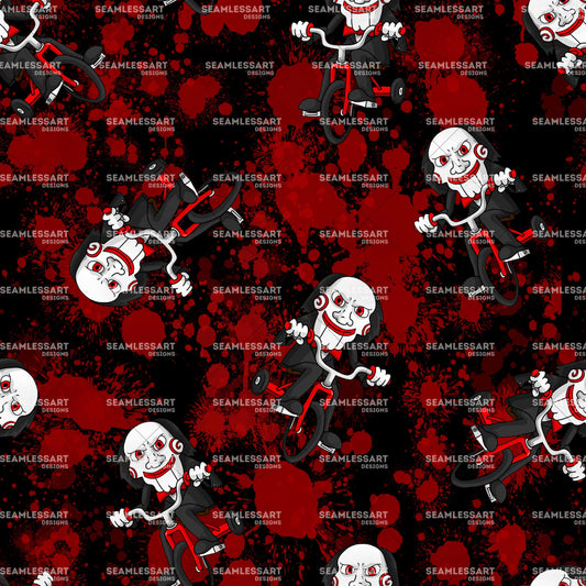 Horror Puppet Tricycle Seamless Pattern – Bloody Splatter Digital Paper for Halloween Fabric