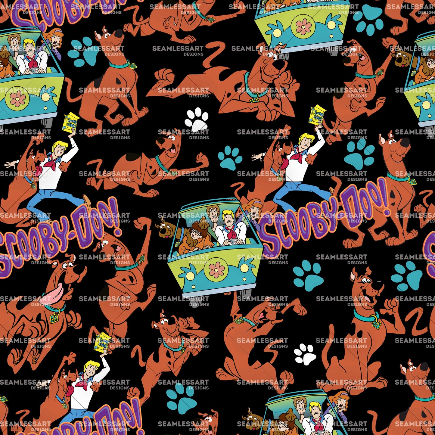 Scooby Gang Seamless Pattern – Black Cartoon Digital Paper for Kids Fabric & Decor
