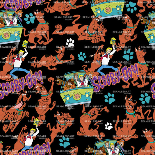 Scooby Gang Seamless Pattern – Black Cartoon Digital Paper for Kids Fabric & Decor