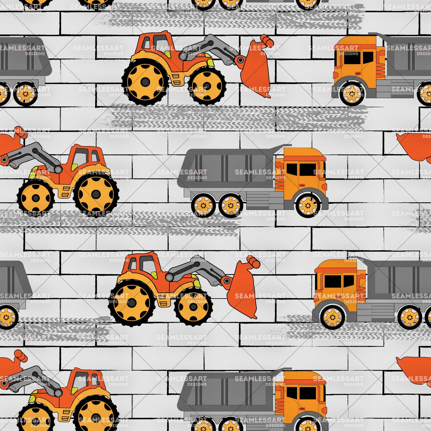 Construction Truck Seamless Pattern – Brick Wall Digital Paper for Boys Fabric