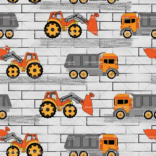 Construction Truck Seamless Pattern – Brick Wall Digital Paper for Boys Fabric