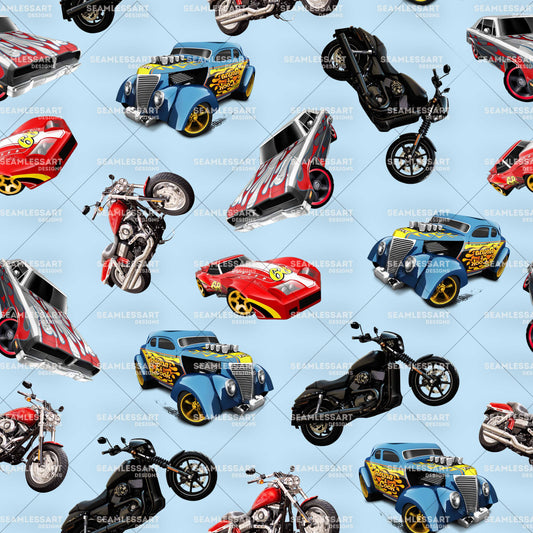 Hot Rods & Motorcycles Seamless Pattern – Blue Retro Digital Paper for Boys Fabric